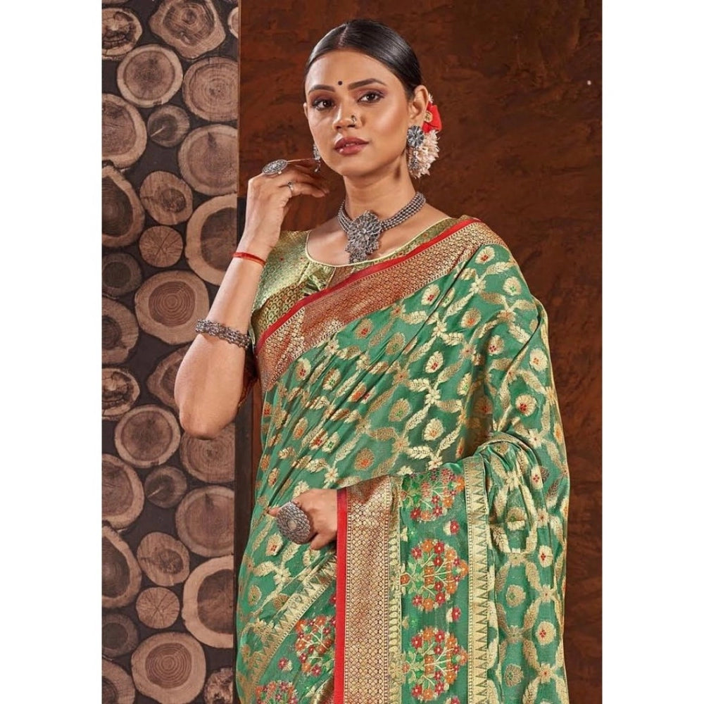 Amfyn Women's Organza Printed Saree With Unstitched Blouse (Sea Green, 5-6 Mtrs)