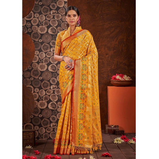 Amfyn Women's Organza Printed Saree With Unstitched Blouse (Yellow, 5-6 Mtrs)