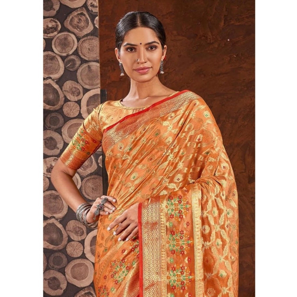 Amfyn Women's Organza Printed Saree With Unstitched Blouse (Orange, 5-6 Mtrs)