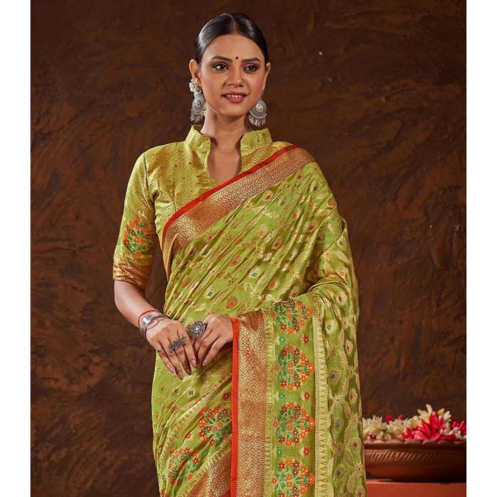 Amfyn Women's Organza Printed Saree With Unstitched Blouse (Parrot Green, 5-6 Mtrs)