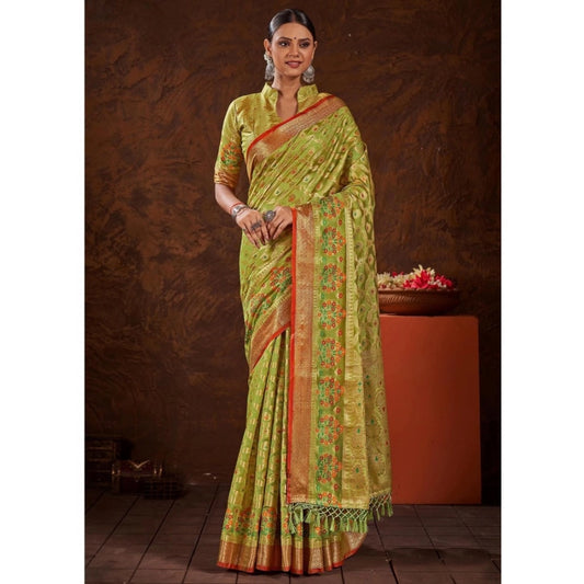 Amfyn Women's Organza Printed Saree With Unstitched Blouse (Parrot Green, 5-6 Mtrs)