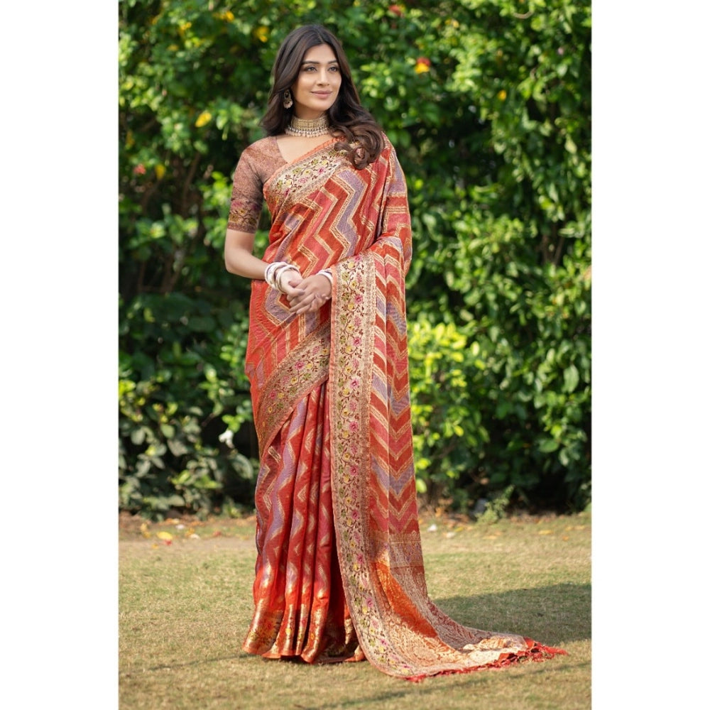 Amfyn Women's Organza Printed Saree With Unstitched Blouse (Orange, 5-6 Mtrs)