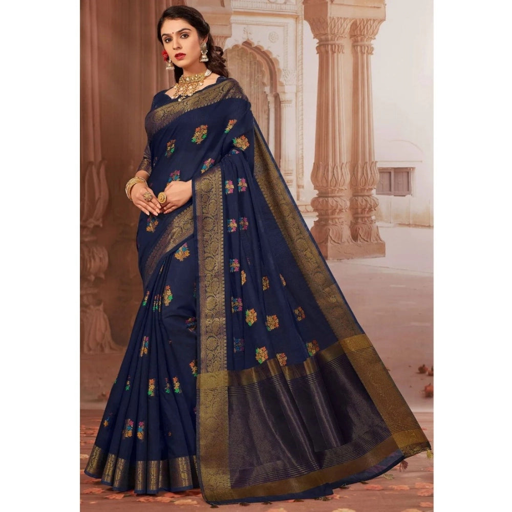 Amfyn Women's Chanderi Cotton Printed Saree With Unstitched Blouse (Navy Blue, 5-6 Mtrs)