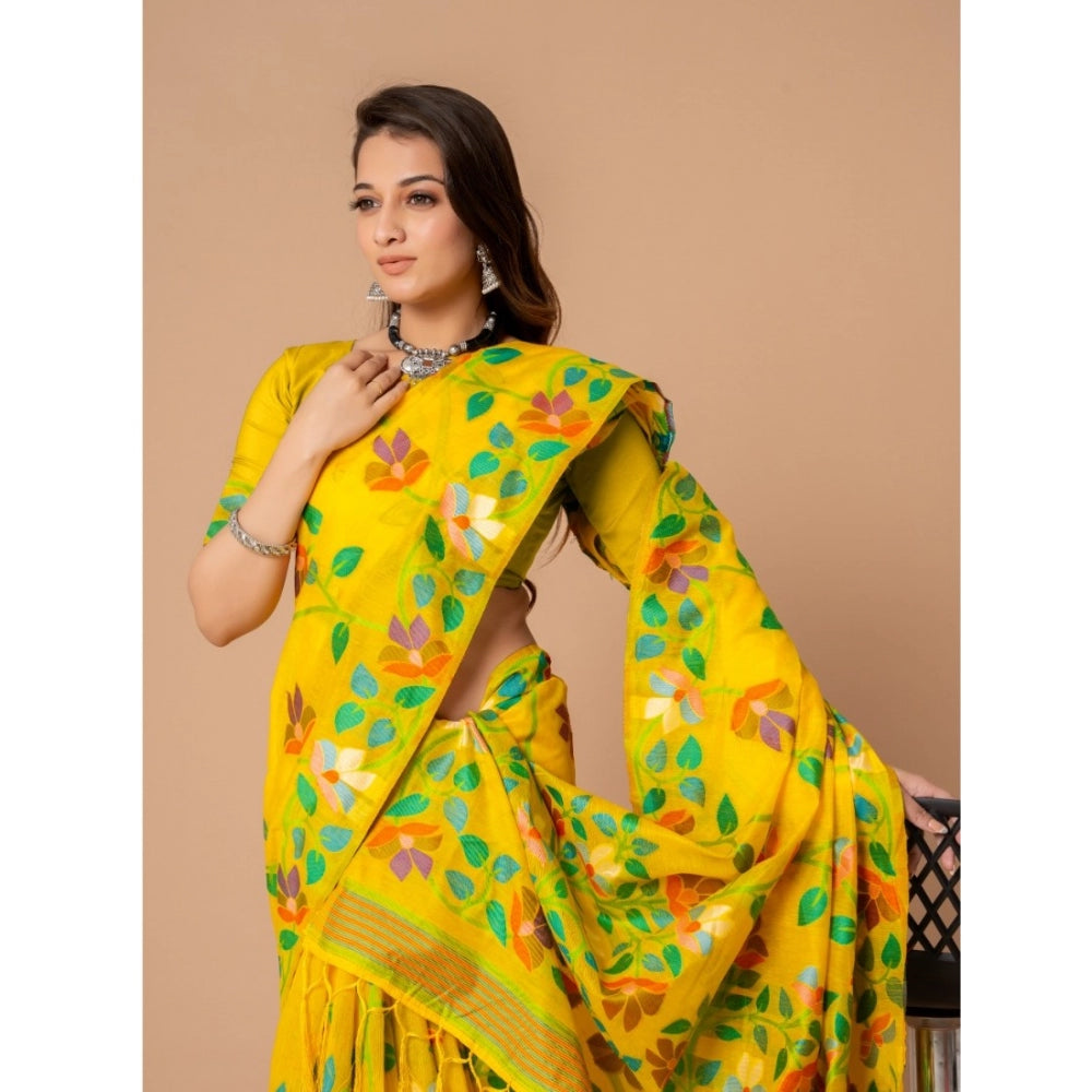 Amfyn Women's Cotton Printed Saree With Unstitched Blouse (Yellow, 5-6 Mtrs)