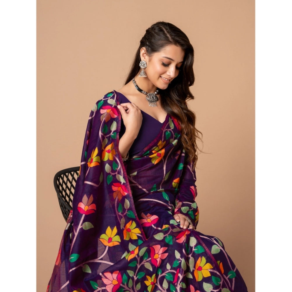 Amfyn Women's Cotton Printed Saree With Unstitched Blouse (Wine, 5-6 Mtrs)