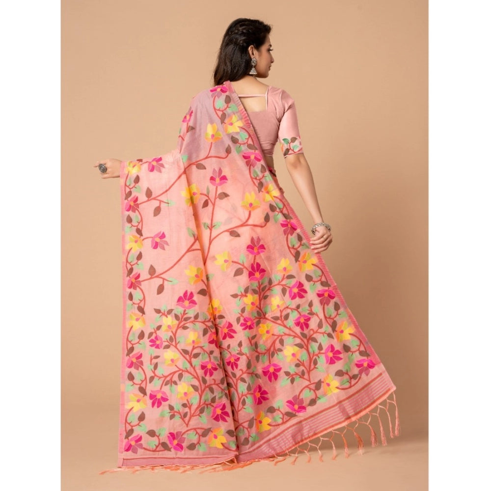 Amfyn Women's Cotton Printed Saree With Unstitched Blouse (Pink, 5-6 Mtrs)