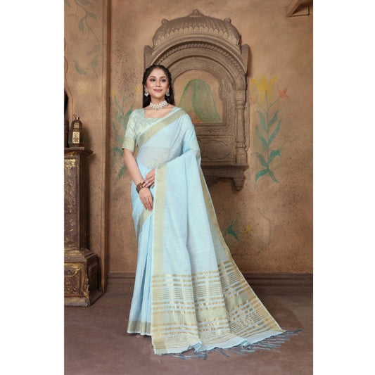 Amfyn Women's Soft Linen Striped Saree With Unstitched Blouse (Sky Blue, 5-6 Mtrs)