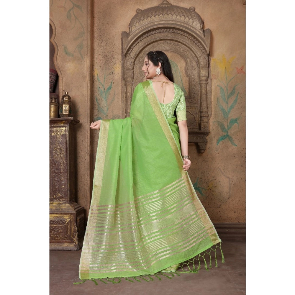 Amfyn Women's Soft Linen Striped Saree With Unstitched Blouse (Green, 5-6 Mtrs)