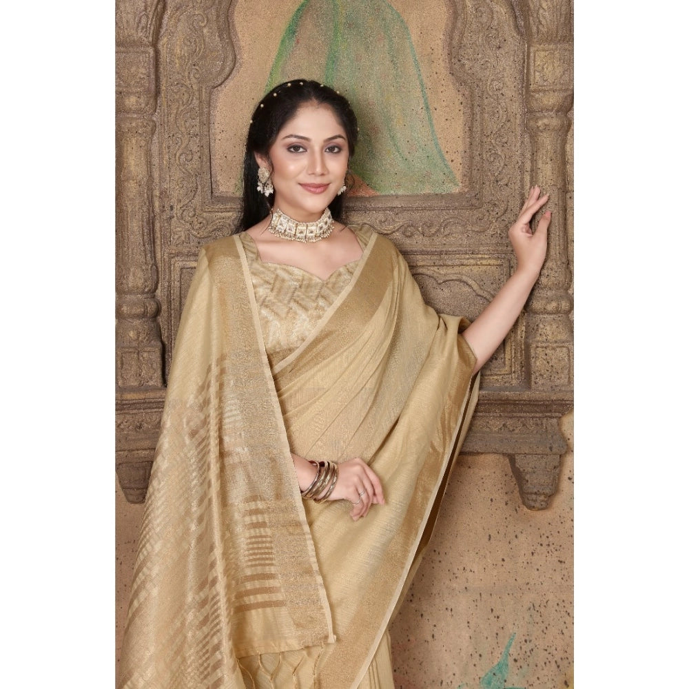 Amfyn Women's Soft Linen Striped Saree With Unstitched Blouse (Beige, 5-6 Mtrs)