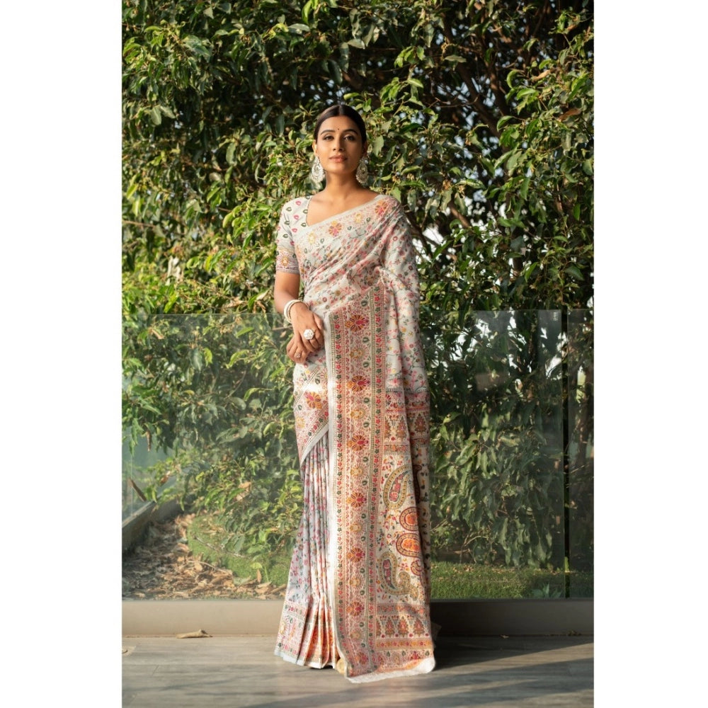 Amfyn Women's Linen Printed Saree With Unstitched Blouse (Off-White, 5-6 Mtrs)