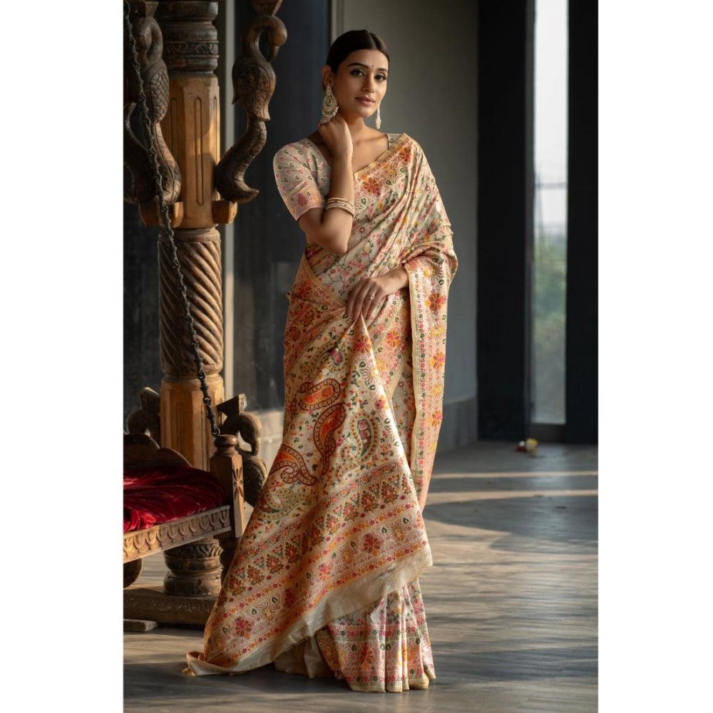 Amfyn Women's Linen Printed Saree With Unstitched Blouse (Beige, 5-6 Mtrs)