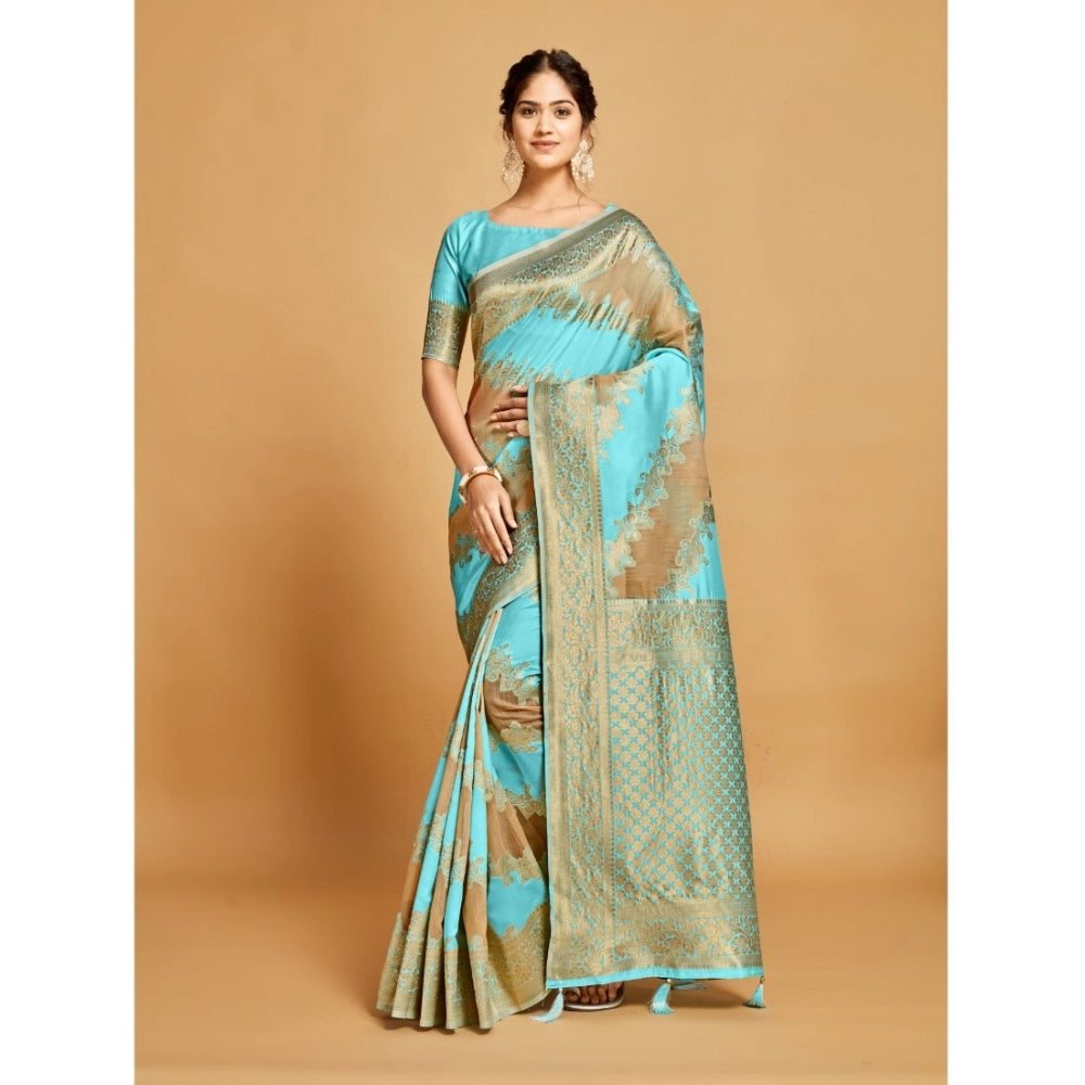 Amfyn Women's Linen Printed Saree With Unstitched Blouse (Sky Blue, 5-6 Mtrs)