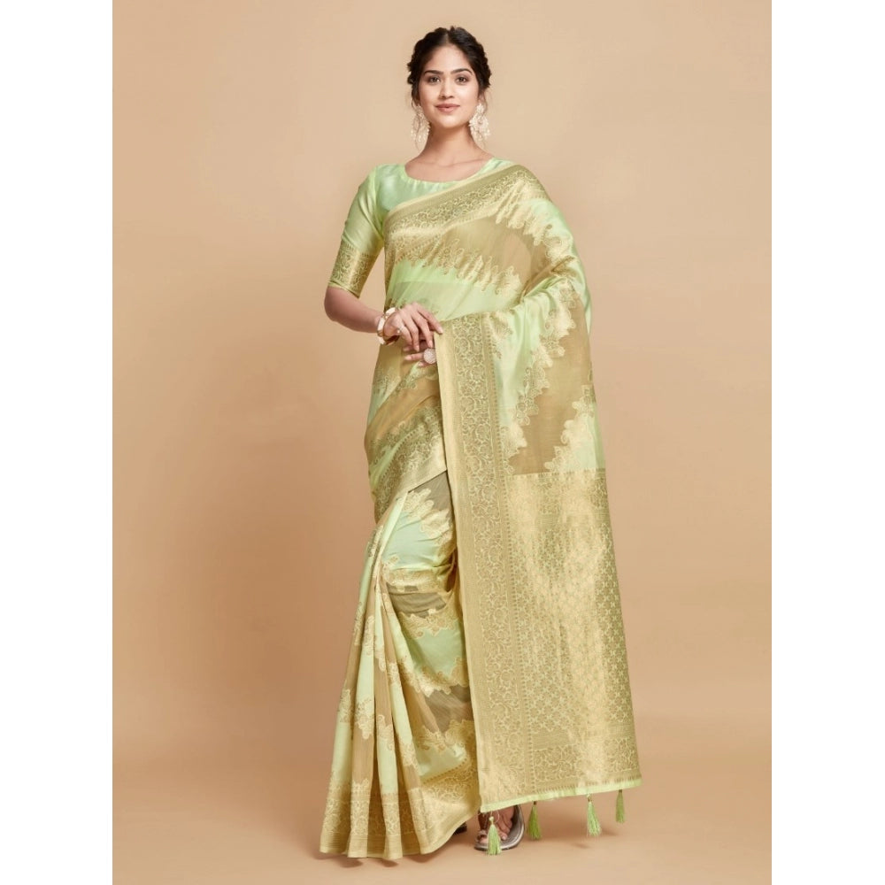 Amfyn Women's Linen Printed Saree With Unstitched Blouse (Pista, 5-6 Mtrs)