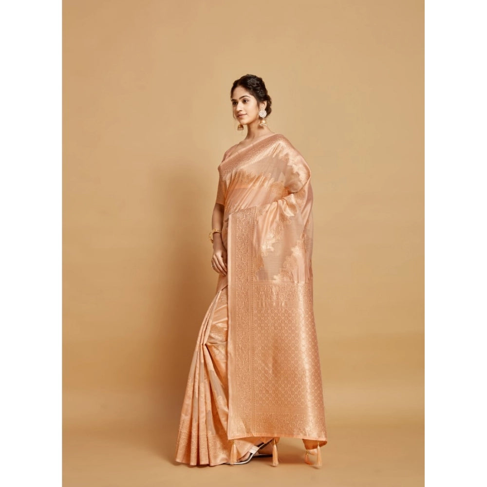 Amfyn Women's Linen Printed Saree With Unstitched Blouse (Peach, 5-6 Mtrs)