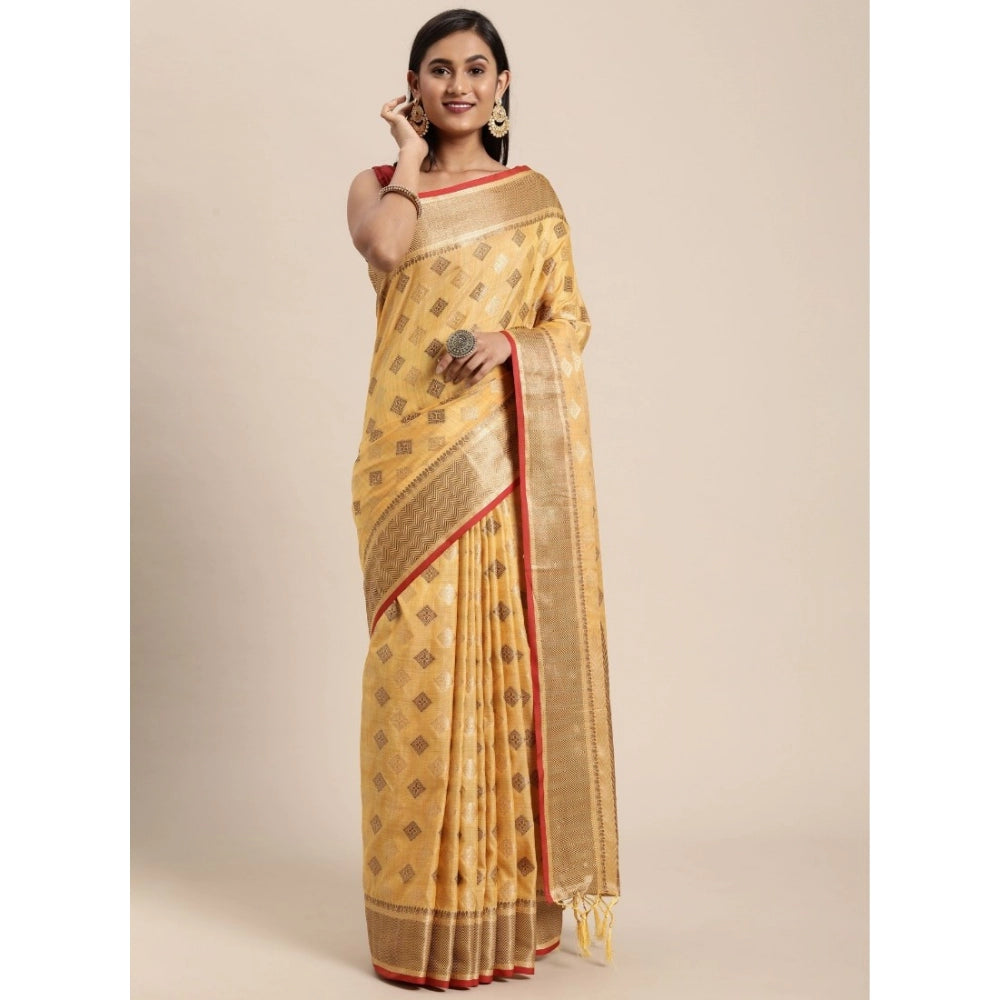 Amfyn Women's Chanderi Cotton Printed Saree With Unstitched Blouse (Yellow, 5-6 Mtrs)