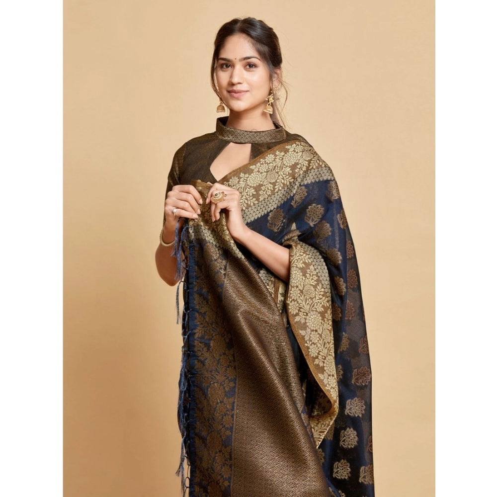 Amfyn Women's Chanderi Cotton Printed Saree With Unstitched Blouse (Navy, 5-6 Mtrs)