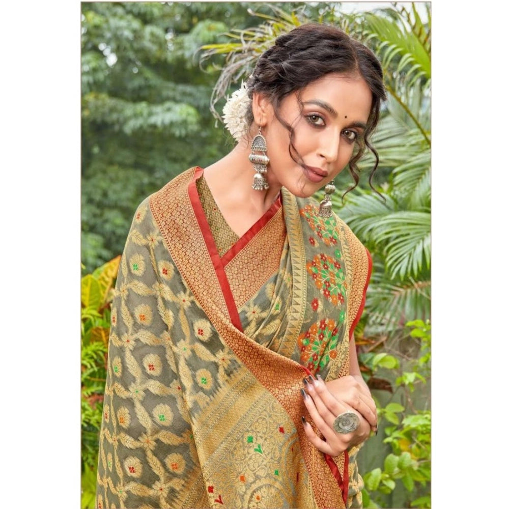 Amfyn Women's Organza Printed Saree With Unstitched Blouse (Grey, 5-6 Mtrs)