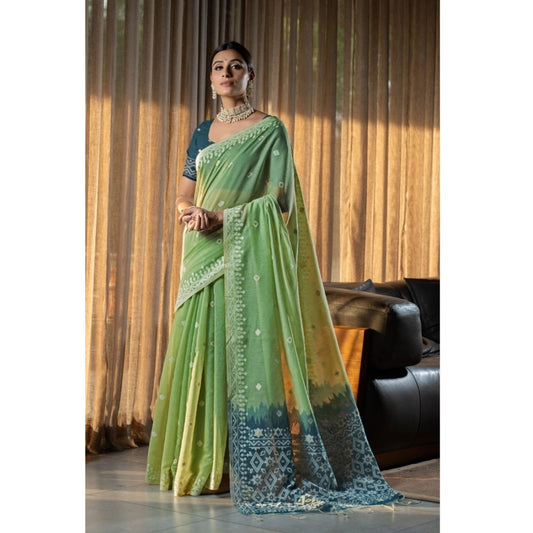 Amfyn Women's Mulmul Cotton Printed Saree With Unstitched Blouse (Green, 5-6 Mtrs)