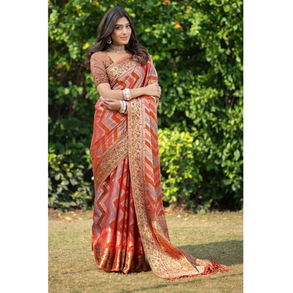 Amfyn Women's Organza Printed Saree With Unstitched Blouse (Orange, 5-6 Mtrs)