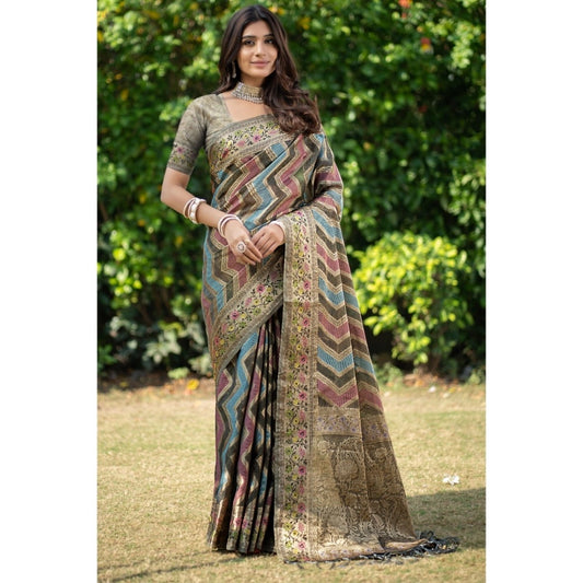 Amfyn Women's Organza Printed Saree With Unstitched Blouse (Grey, 5-6 Mtrs)