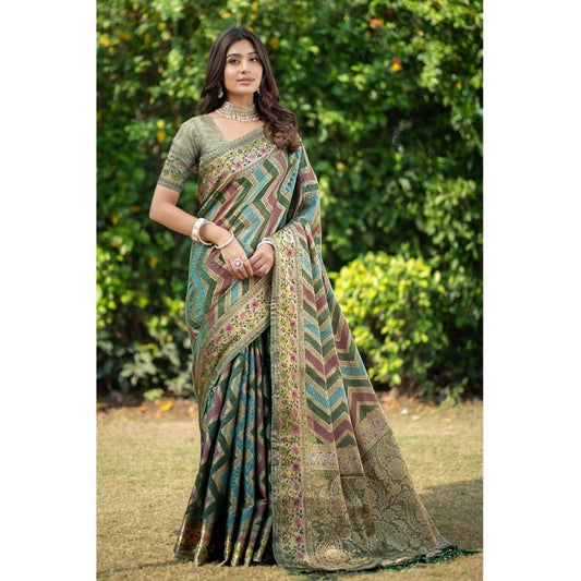 Amfyn Women's Organza Printed Saree With Unstitched Blouse (Green, 5-6 Mtrs)