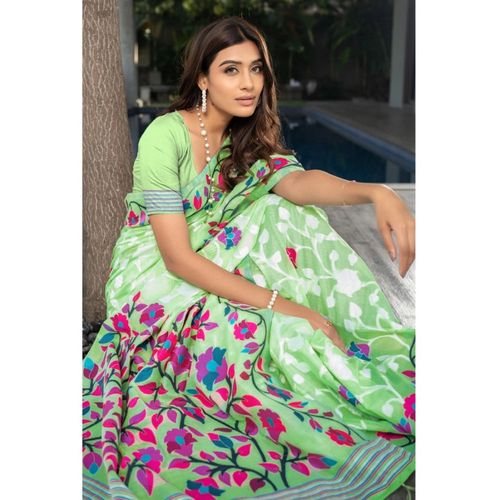 Amfyn Women's Cotton Printed Saree With Unstitched Blouse (Green, 5-6 Mtrs)