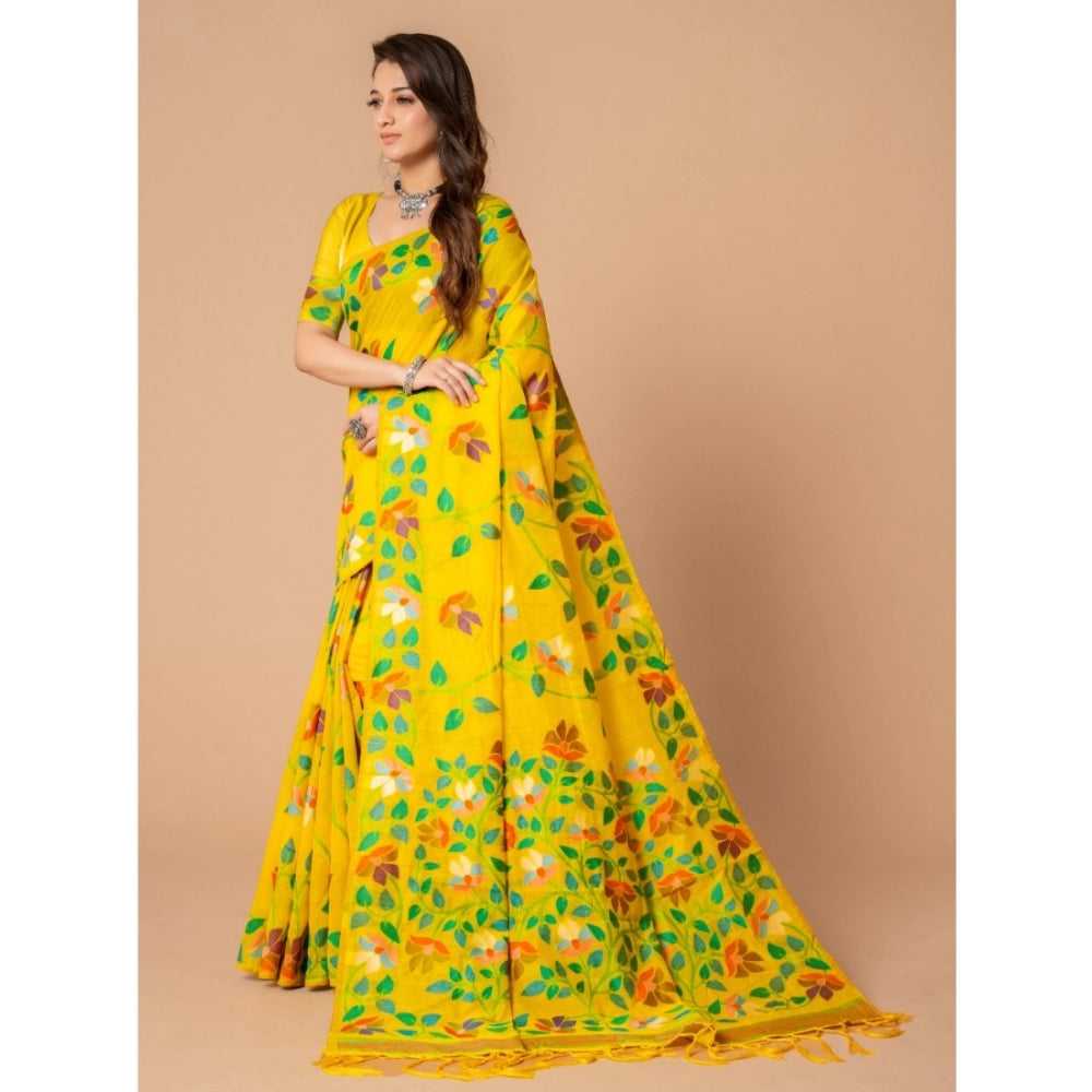 Amfyn Women's Cotton Printed Saree With Unstitched Blouse (Yellow, 5-6 Mtrs)