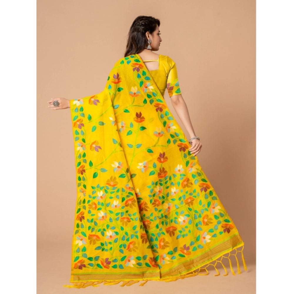 Amfyn Women's Cotton Printed Saree With Unstitched Blouse (Yellow, 5-6 Mtrs)