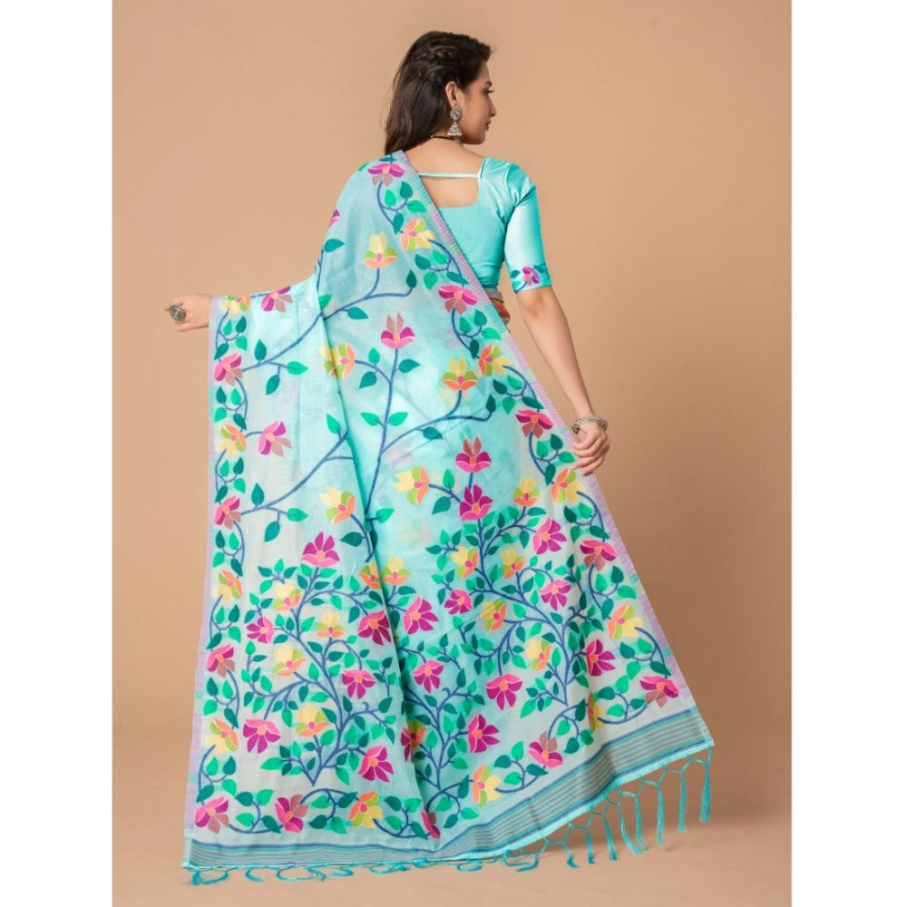 Amfyn Women's Cotton Printed Saree With Unstitched Blouse (Sky Blue, 5-6 Mtrs)