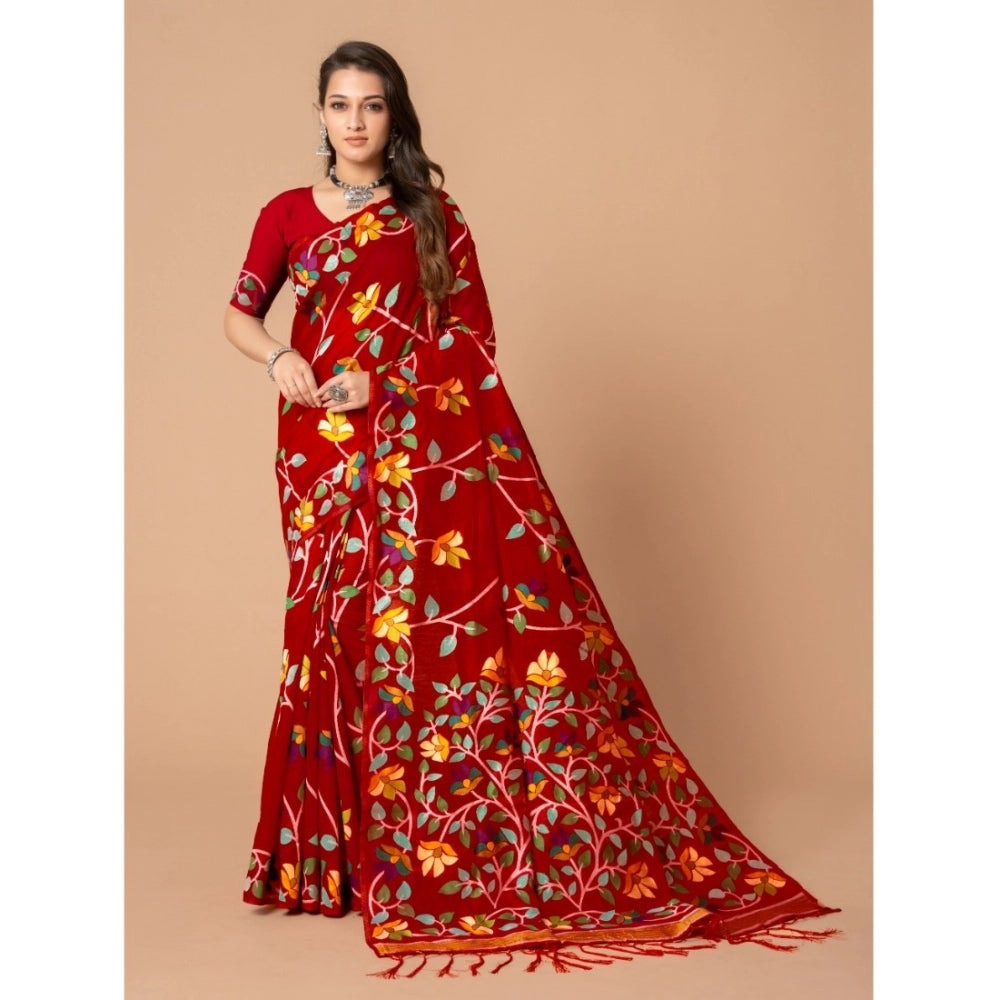 Amfyn Women's Cotton Printed Saree With Unstitched Blouse (Red, 5-6 Mtrs)