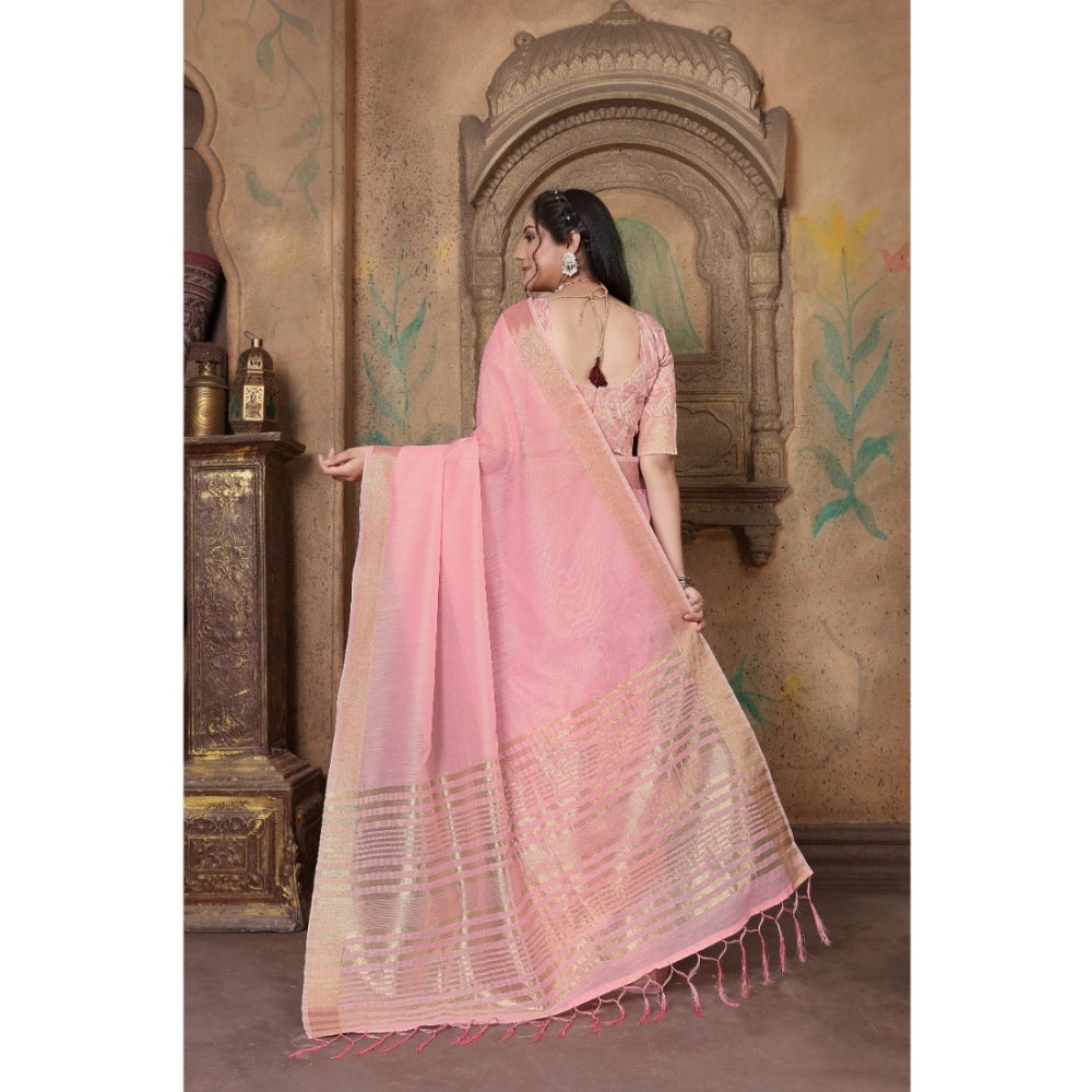 Amfyn Women's Soft Linen Striped Saree With Unstitched Blouse (PInk, 5-6 Mtrs)