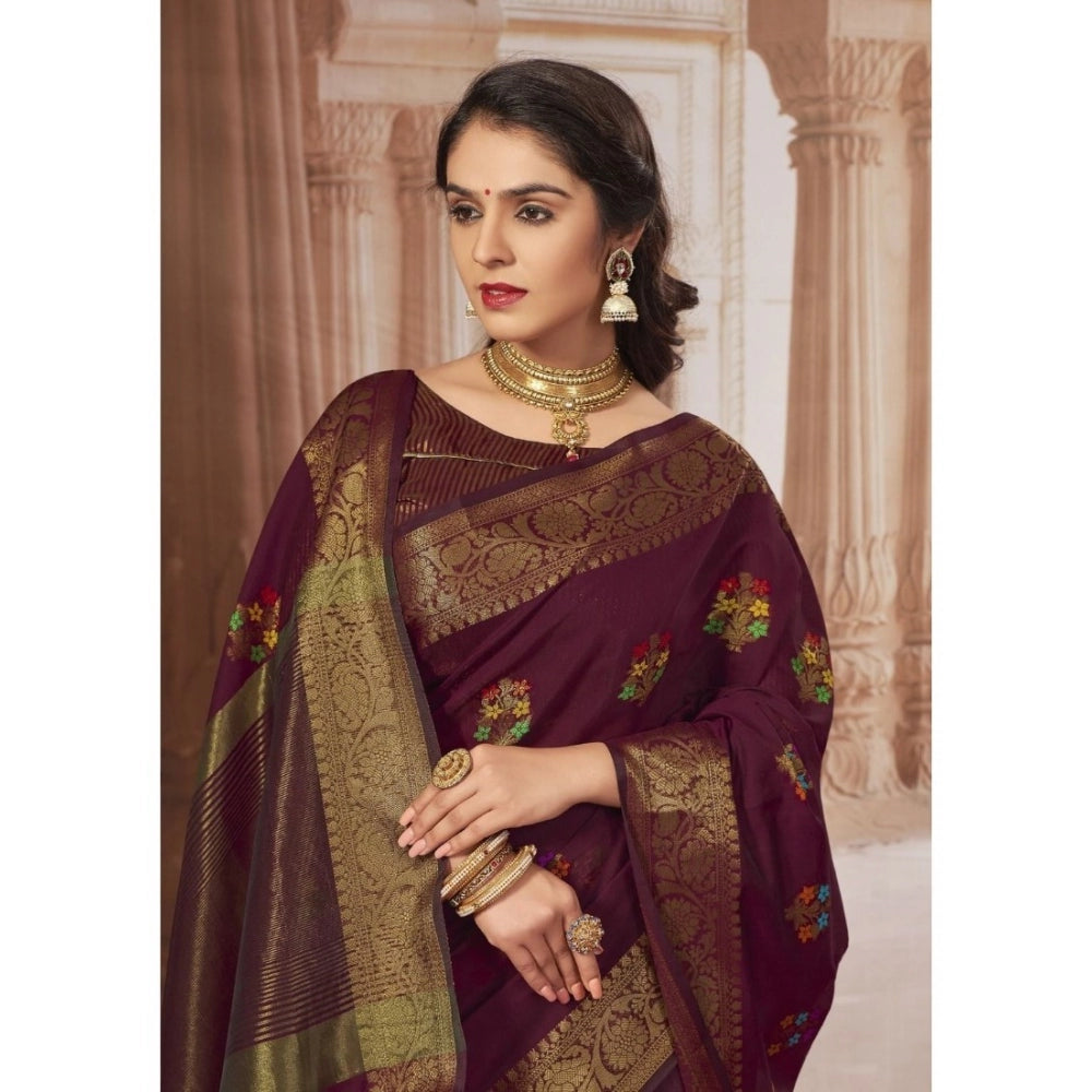 Amfyn Women's Chanderi Cotton Printed Saree With Unstitched Blouse (Maroon, 5-6 Mtrs)