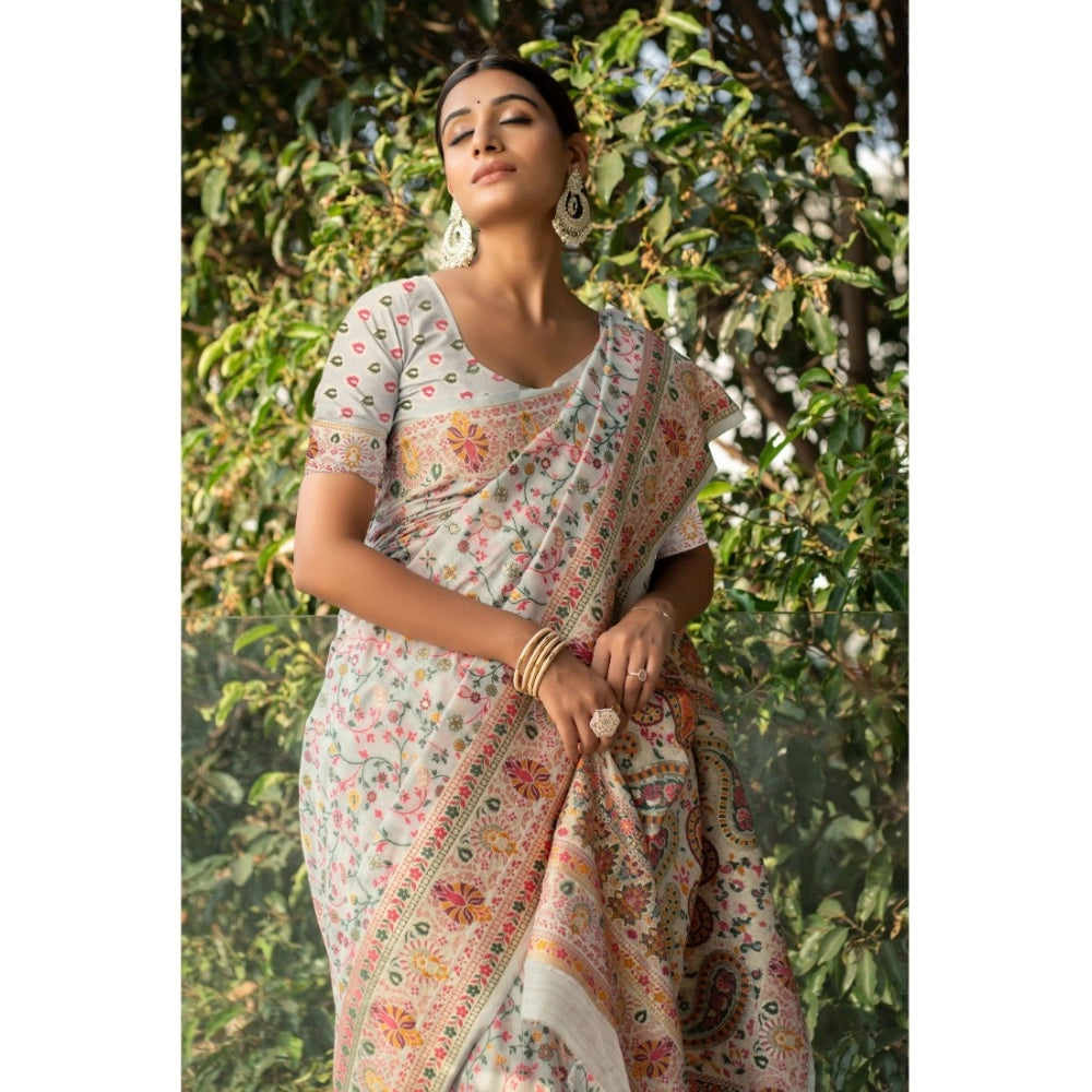 Amfyn Women's Linen Printed Saree With Unstitched Blouse (Off-White, 5-6 Mtrs)