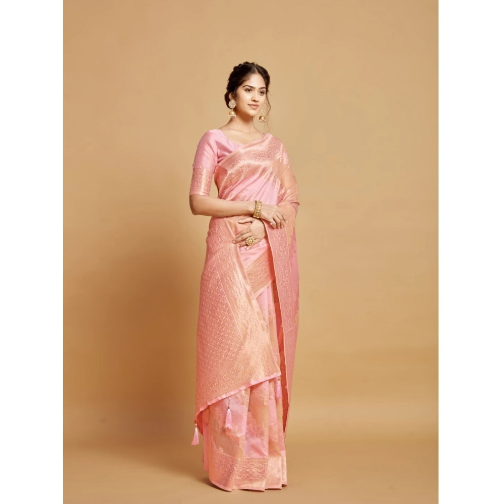 Amfyn Women's Linen Printed Saree With Unstitched Blouse (Pink, 5-6 Mtrs)