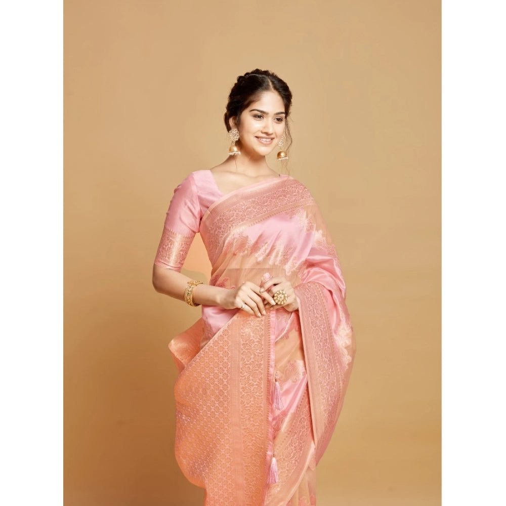 Amfyn Women's Linen Printed Saree With Unstitched Blouse (Pink, 5-6 Mtrs)