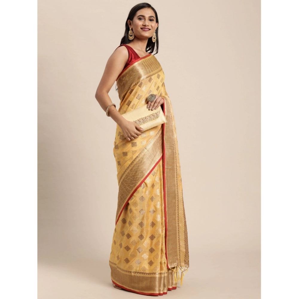 Amfyn Women's Chanderi Cotton Printed Saree With Unstitched Blouse (Yellow, 5-6 Mtrs)