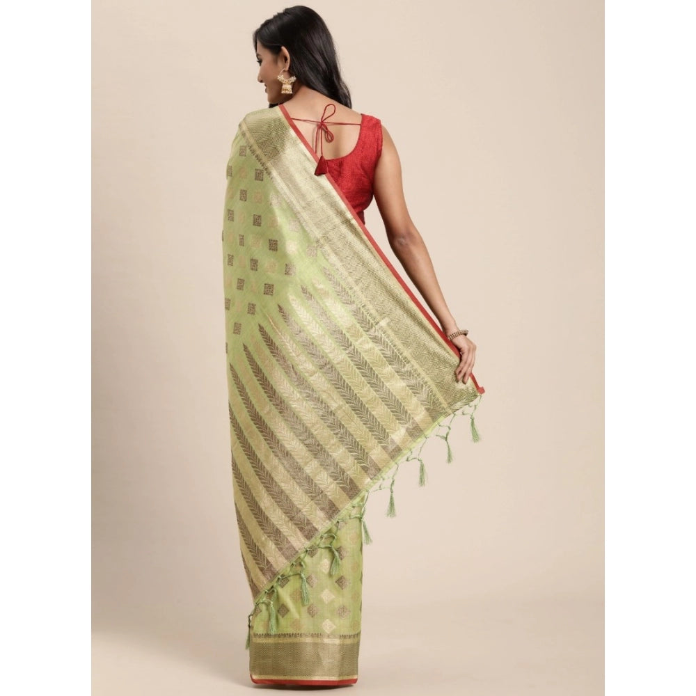 Amfyn Women's Chanderi Cotton Printed Saree With Unstitched Blouse (Pista, 5-6 Mtrs)