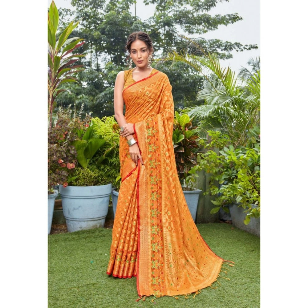 Amfyn Women's Organza Printed Saree With Unstitched Blouse (Orange, 5-6 Mtrs)