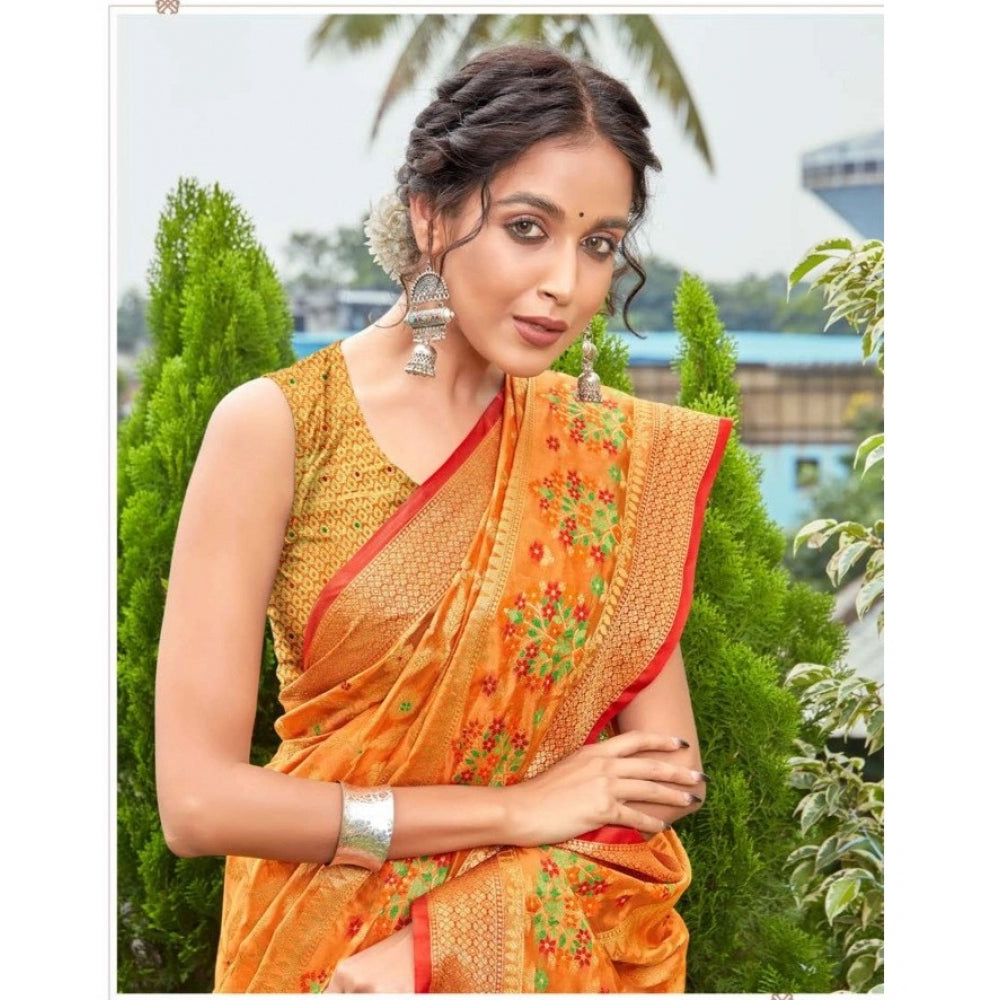 Amfyn Women's Organza Printed Saree With Unstitched Blouse (Orange, 5-6 Mtrs)