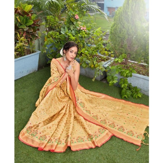 Amfyn Women's Organza Printed Saree With Unstitched Blouse (Beige, 5-6 Mtrs)