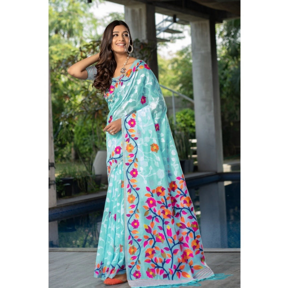 Amfyn Women's Cotton Printed Saree With Unstitched Blouse (Sky Blue, 5-6 Mtrs)