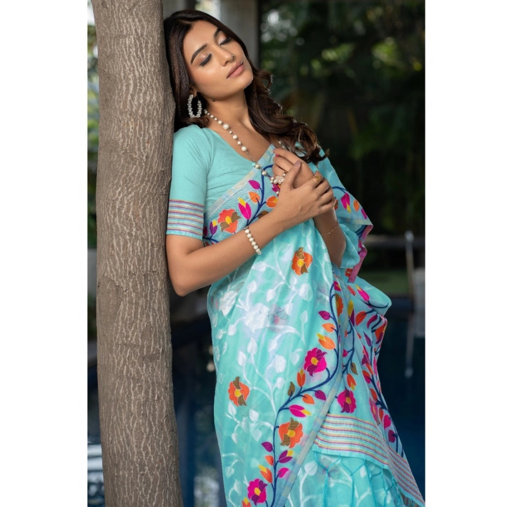 Amfyn Women's Cotton Printed Saree With Unstitched Blouse (Sky Blue, 5-6 Mtrs)