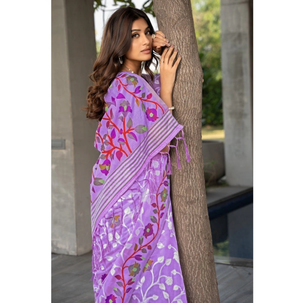 Amfyn Women's Cotton Printed Saree With Unstitched Blouse (Lavender, 5-6 Mtrs)