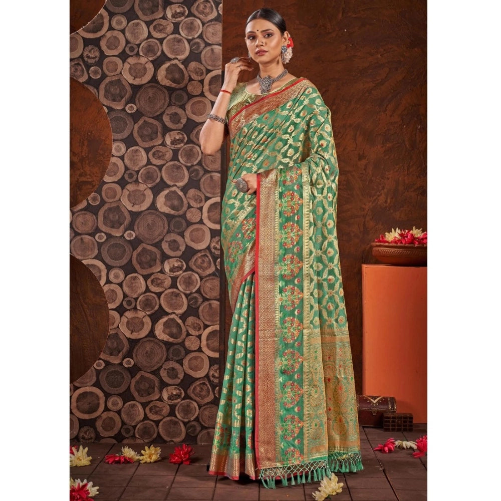 Amfyn Women's Organza Printed Saree With Unstitched Blouse (Sea Green, 5-6 Mtrs)