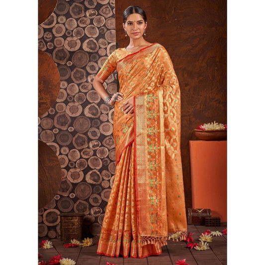 Amfyn Women's Organza Printed Saree With Unstitched Blouse (Orange, 5-6 Mtrs)