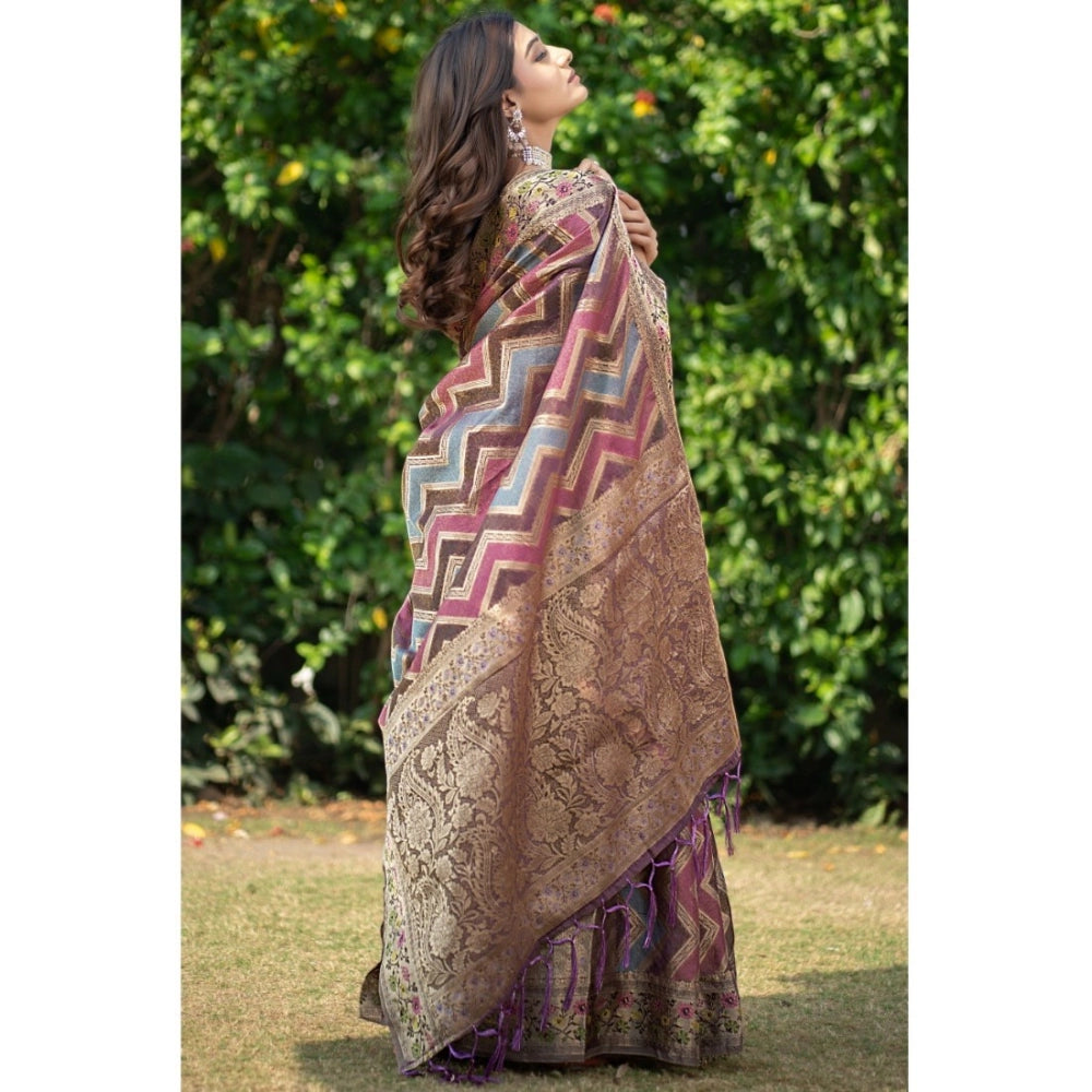 Amfyn Women's Organza Printed Saree With Unstitched Blouse (Wine, 5-6 Mtrs)