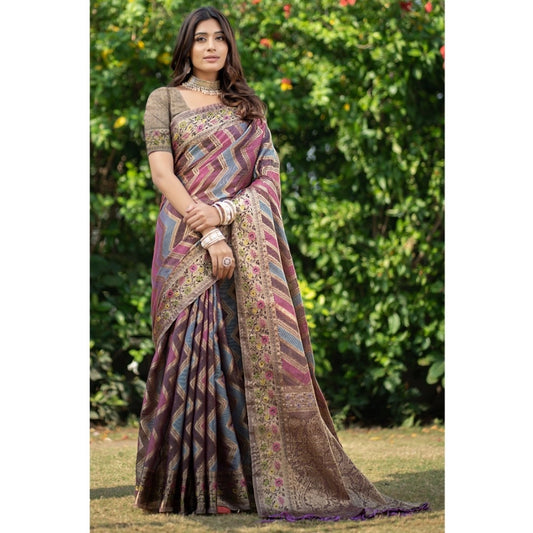 Amfyn Women's Organza Printed Saree With Unstitched Blouse (Wine, 5-6 Mtrs)