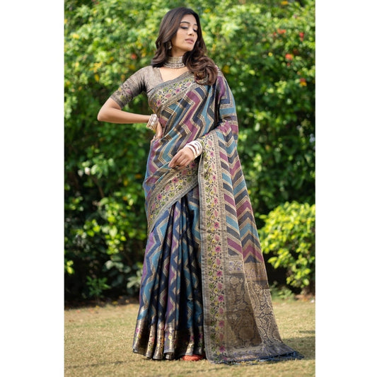 Amfyn Women's Organza Printed Saree With Unstitched Blouse (Teal, 5-6 Mtrs)