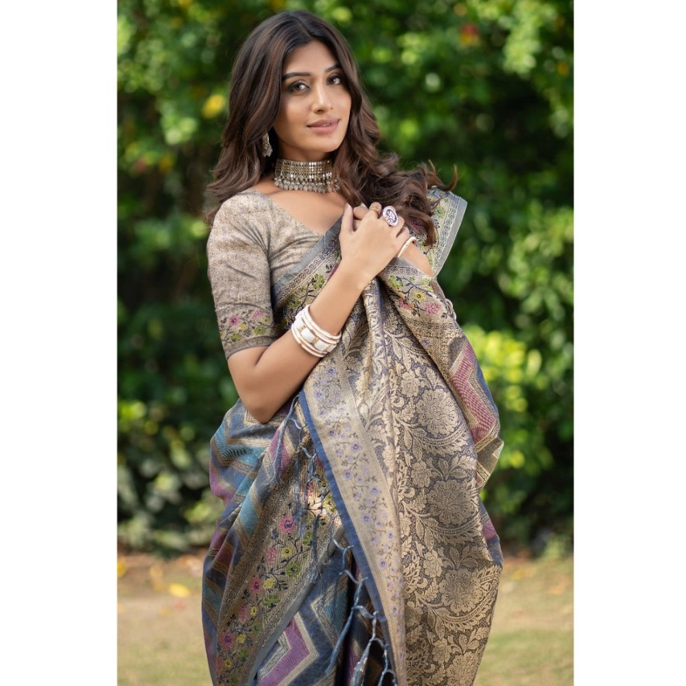 Amfyn Women's Organza Printed Saree With Unstitched Blouse (Teal, 5-6 Mtrs)