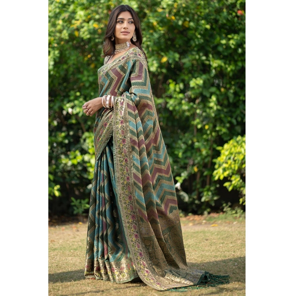 Amfyn Women's Organza Printed Saree With Unstitched Blouse (Green, 5-6 Mtrs)